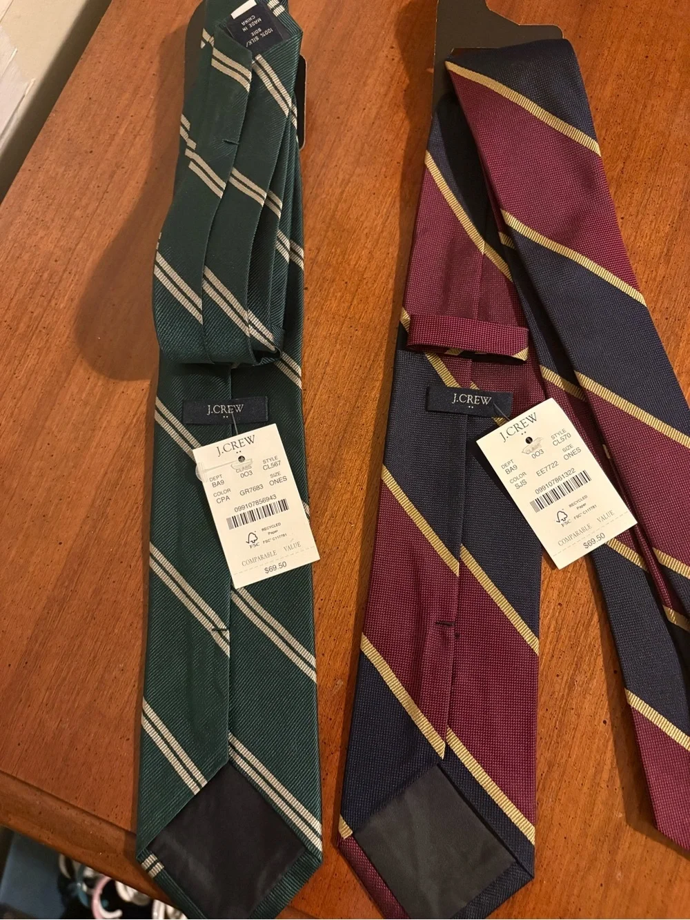 J. Crew Green and White Striped Tie, Burgundy/Navy/Hold Striped Tie, and socks